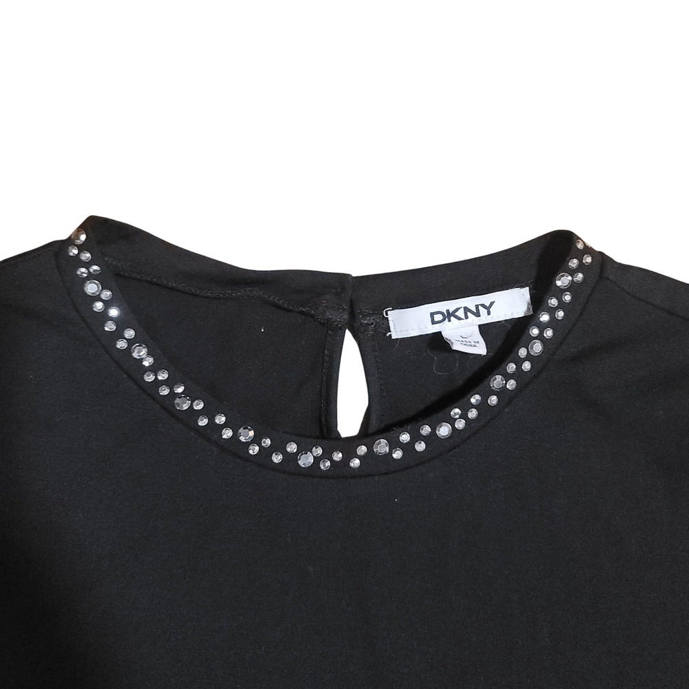 DKNY Black Long Sleeve Blouse Top Rhinestone Embellished Keyhole Neck Size L